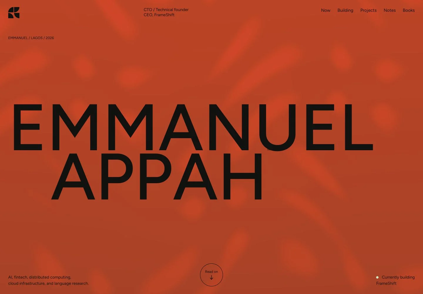 Emmanuel Appah personal website, with oversized typography on a red background.