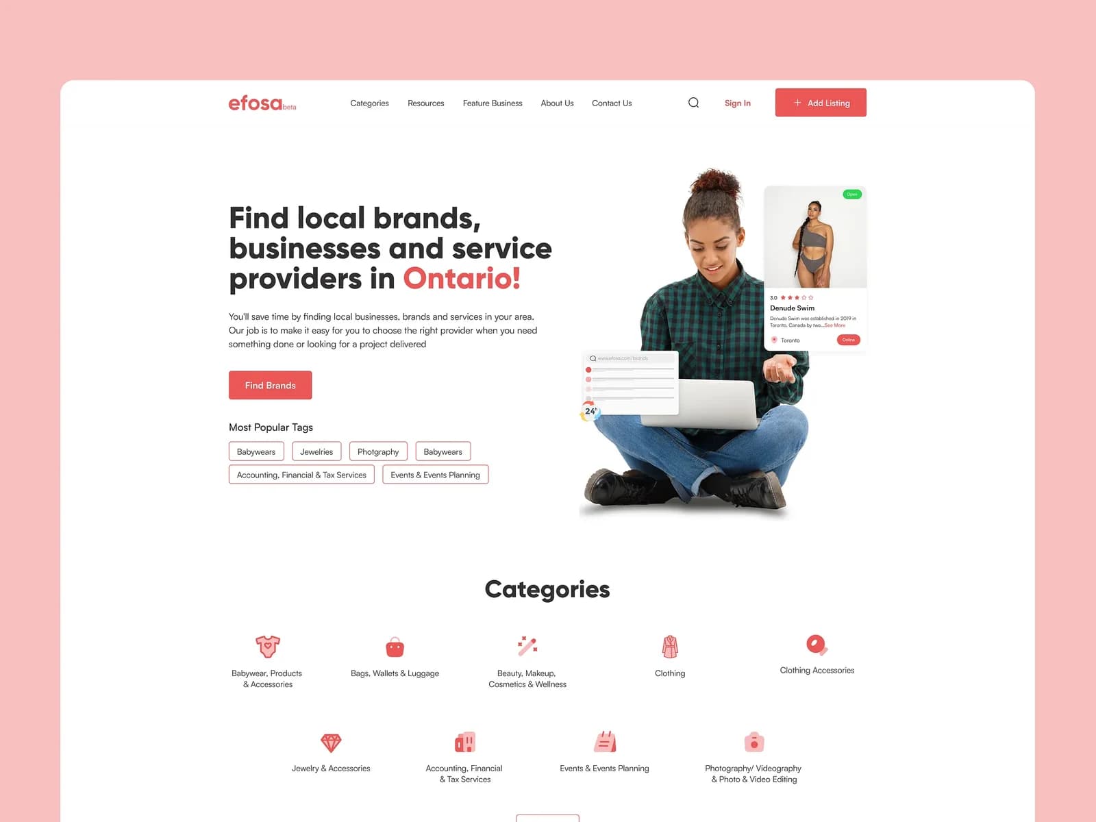 Efosa local business finder landing page and category navigation.
