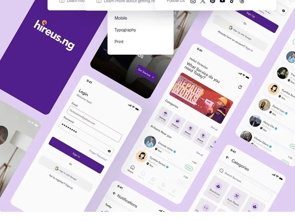 Hireus NG mobile interface design: onboarding, account entry, and service discovery.