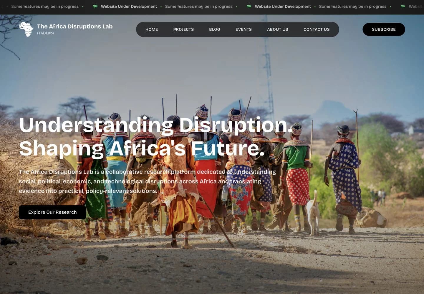 The Africa Disruptions Lab public website preview.