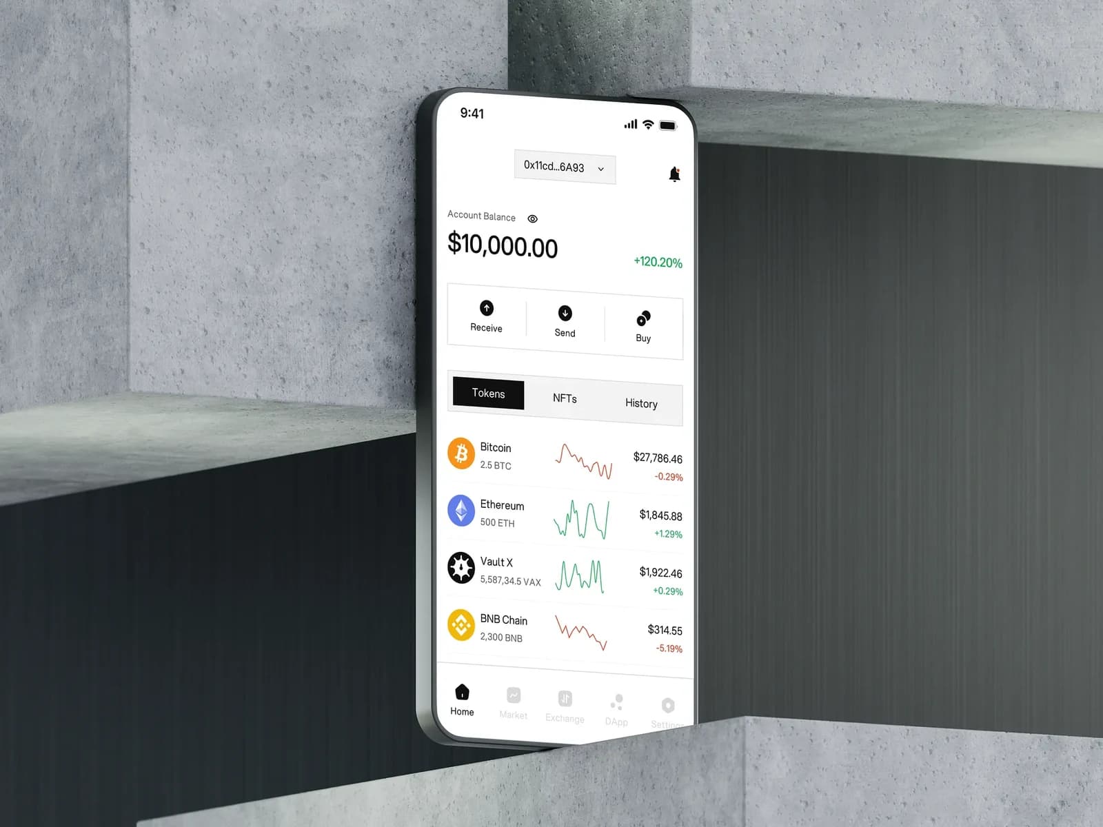 VaultX wallet interface presented on a concrete display.