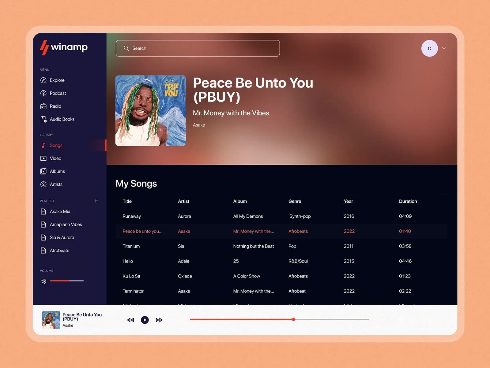 Winamp music interface study showing an album, track list, and audio controls.